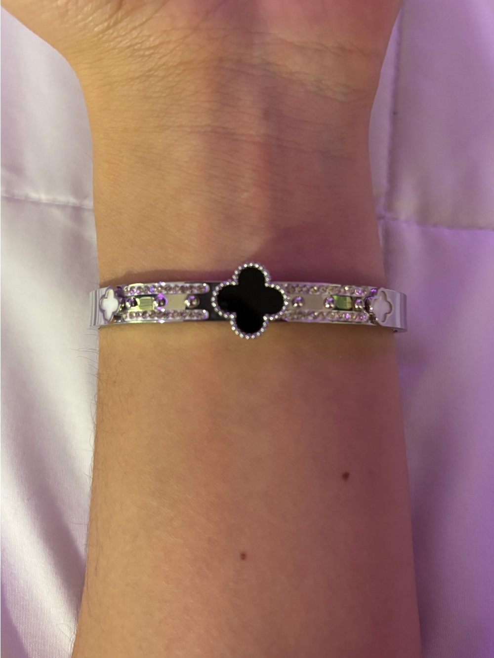 Beautiful Silver Clover + Studded Bangle Bracelet